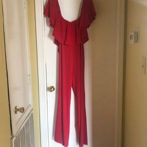 Red off shoulder jumpsuit